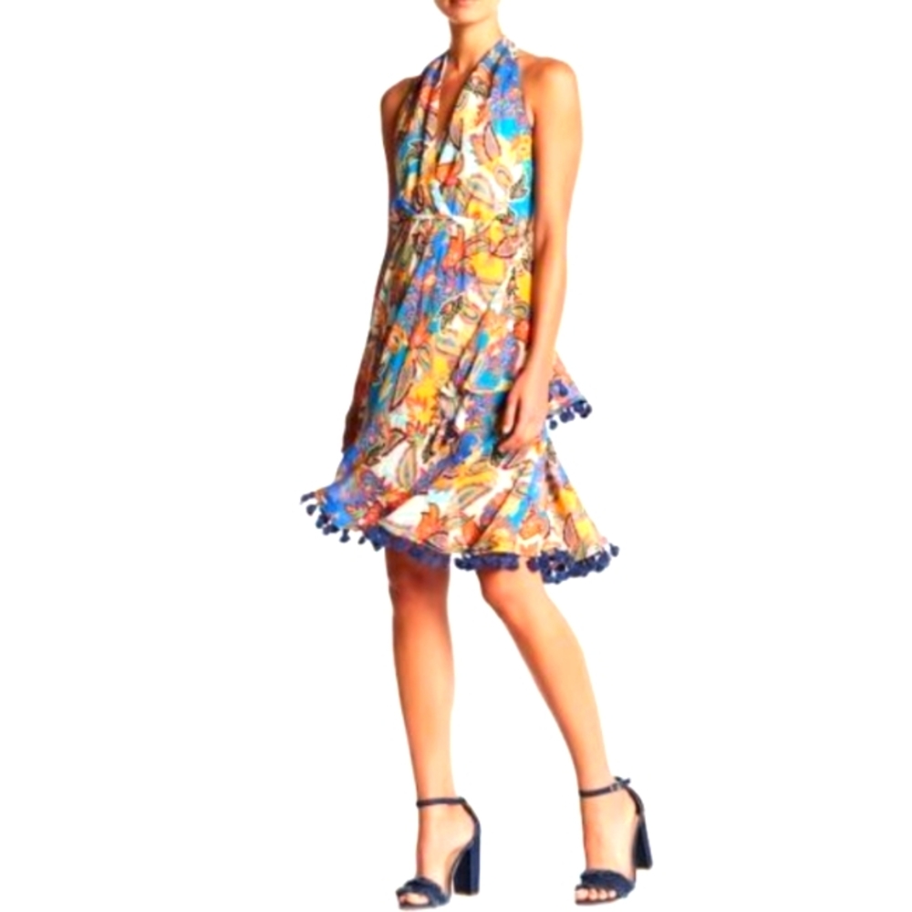 Nicole Miller Vibrant Multicolor Midi Halter Dress With Tassels Sz Medium